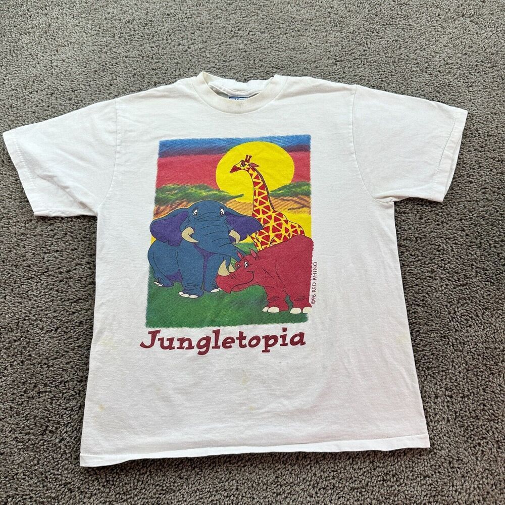 VINTAGE Jungletopia Shirt Boys L Safari Elephant Red Rhino Single Stitch FLAW